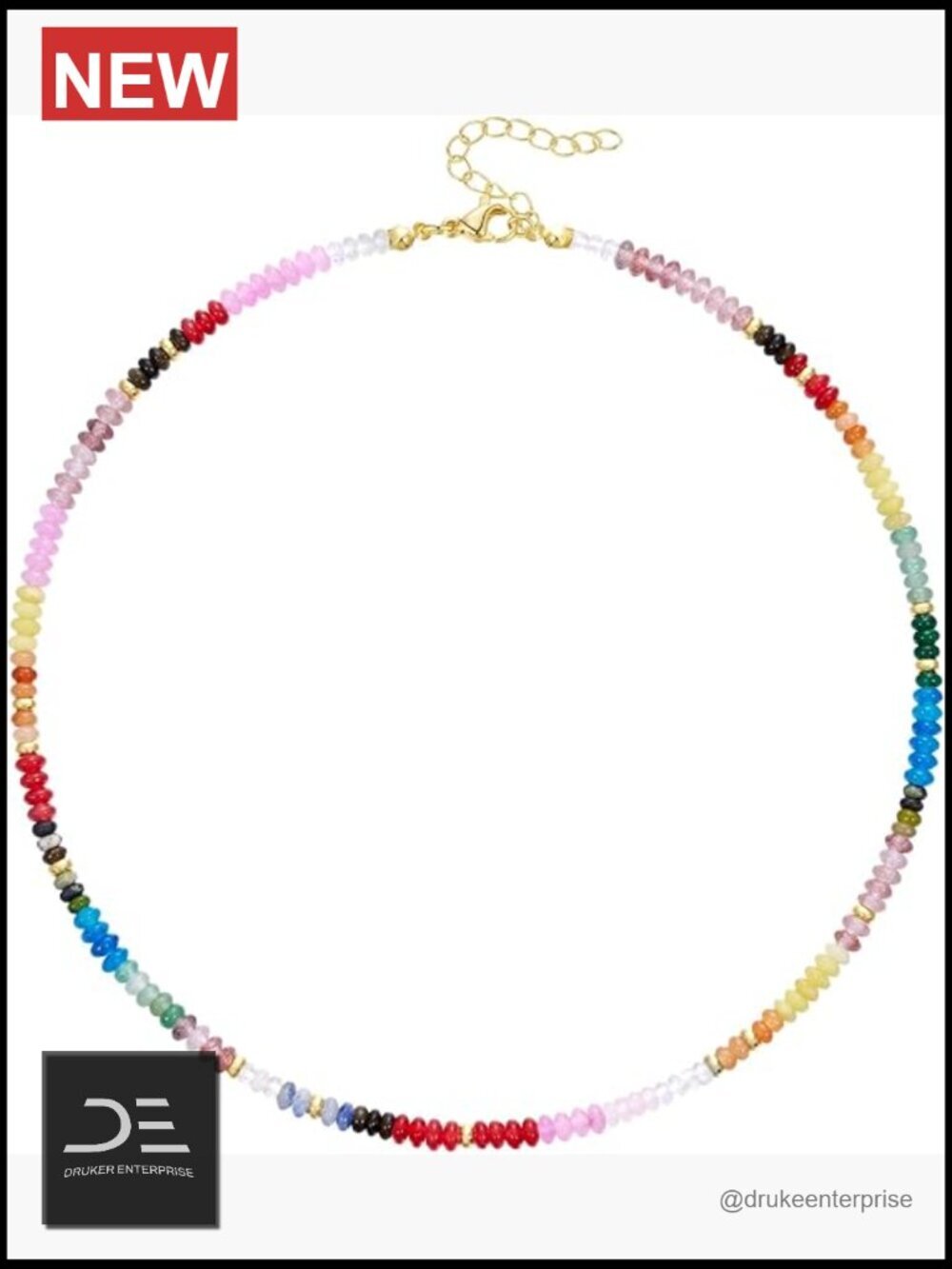 Natural Stone Boho Bead Choker Necklace, Gold Plated, Adjustable 16-18 inches